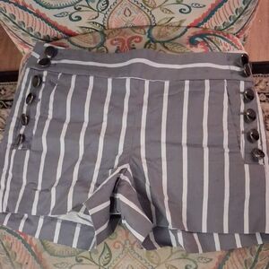 LOFT Gray & White Striped High-Rise Button-Side Women's Shorts